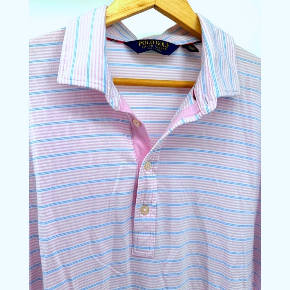 Polo Golf Ralph Lauren Polo Shirt Mens L Pink Blue Striped Good Stretch Lisle